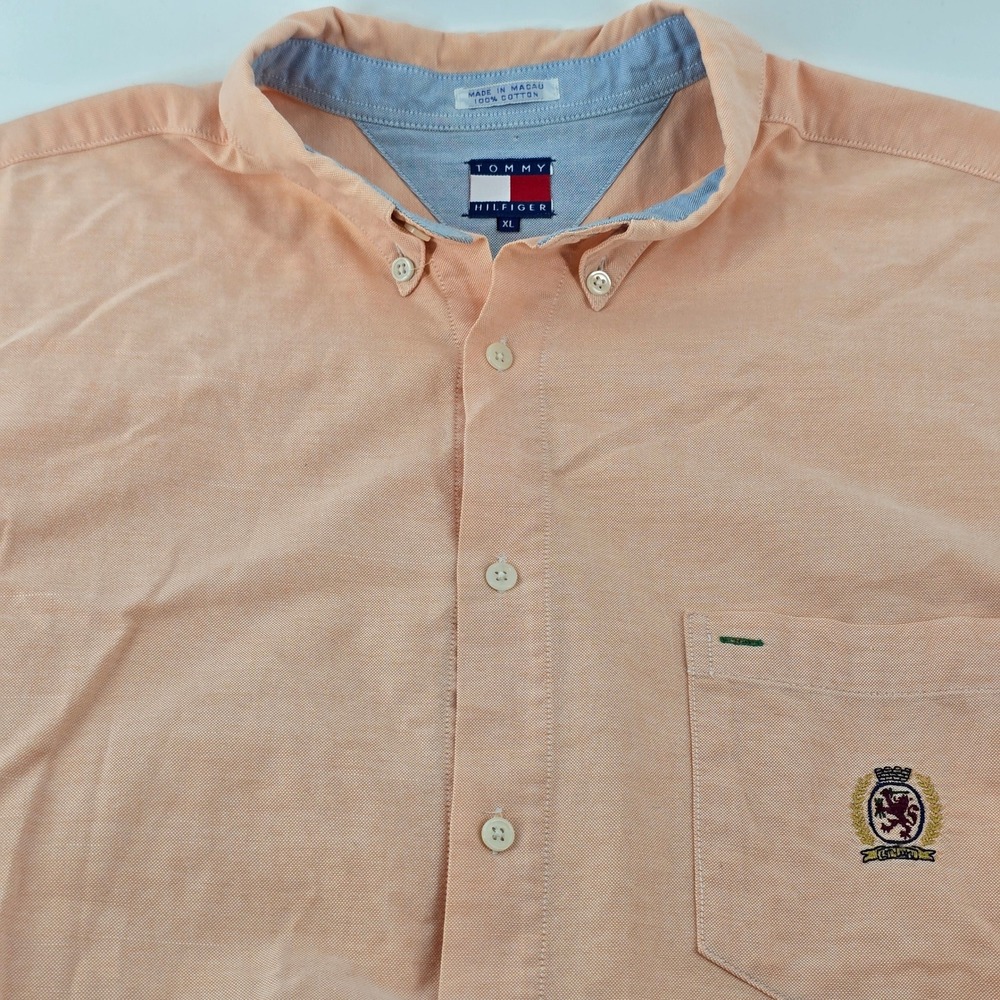 Tommy Hilfiger Button Down Shirt Mens XL Peach Orange Crest Logo Short Sleeve